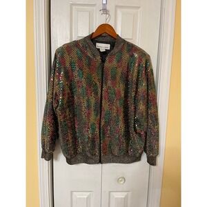 Vintage 80's Brenda Goode Sequence Bomber Jacket Shoulder Pads Womens XL